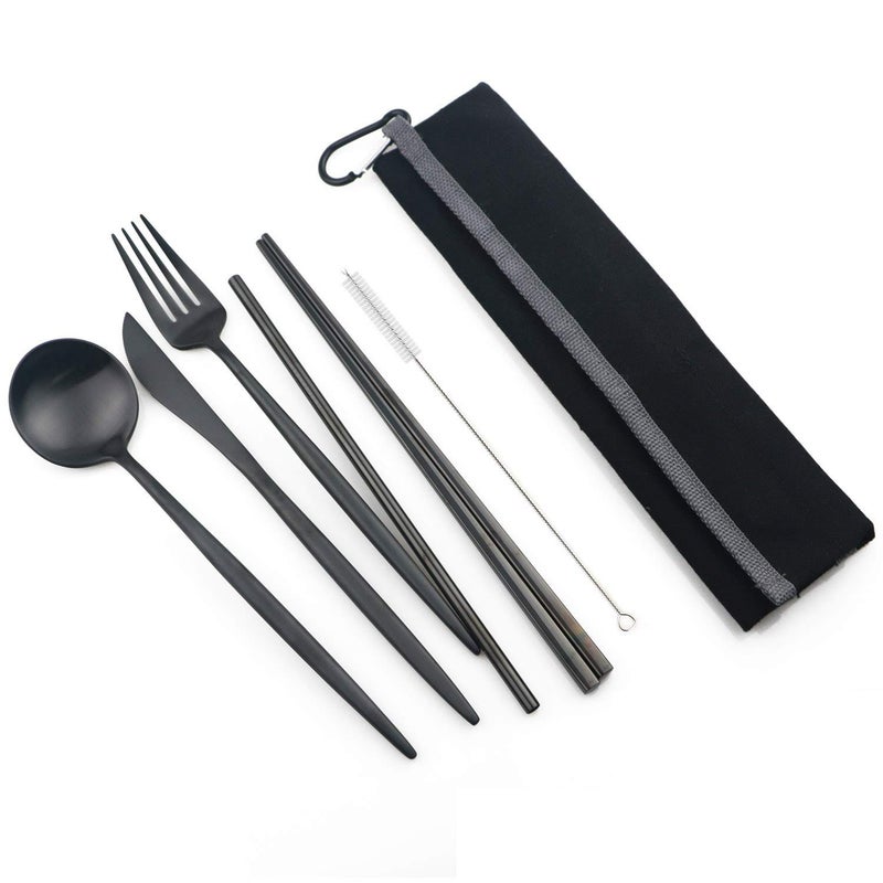 JANKNG Portable 6 Pieces Flatware Set, 304 Stainless Steel Knife, Fork, Spoon, Chopsticks, Metal Straw, Cleaning Brush, Durable Travel Cutlery Set, Black Pouch Bag, Black - Image 3